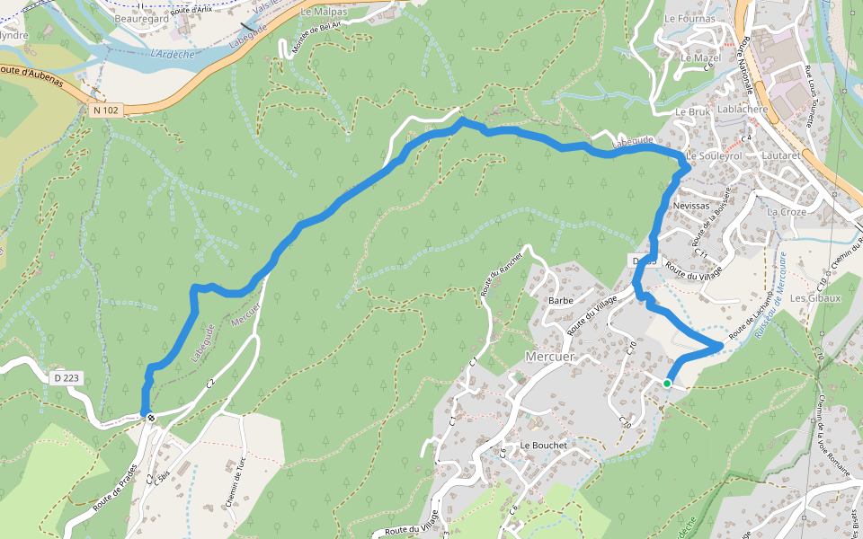 Lachamp - Col de Farges walking route map in Mercuer