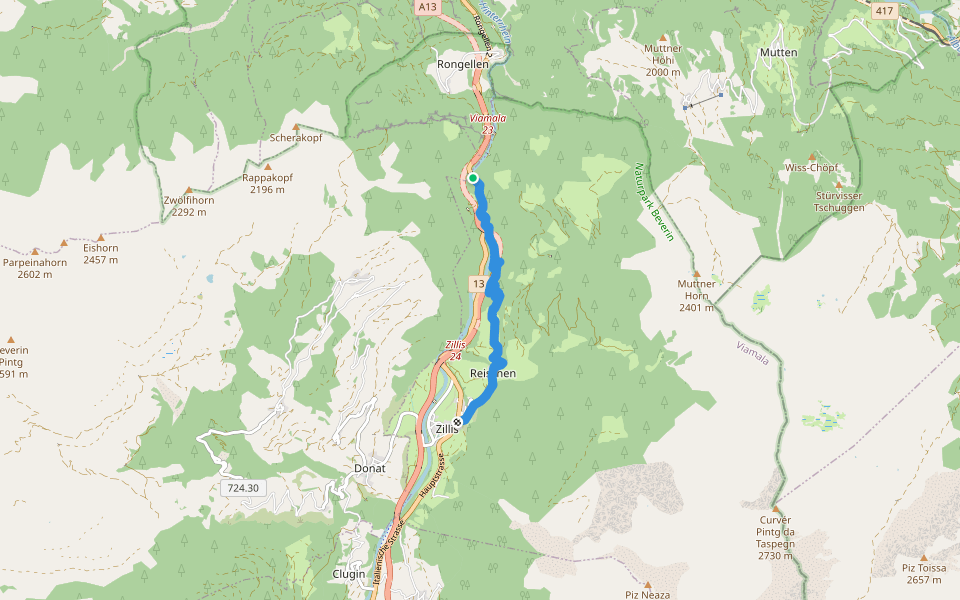 Viamala-Schlucht-Zillis walking route map in Zillis-Reischen