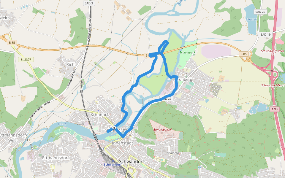 Rundweg 1 "Sieben- Brücken- Weg" walking route map in Schwandorf