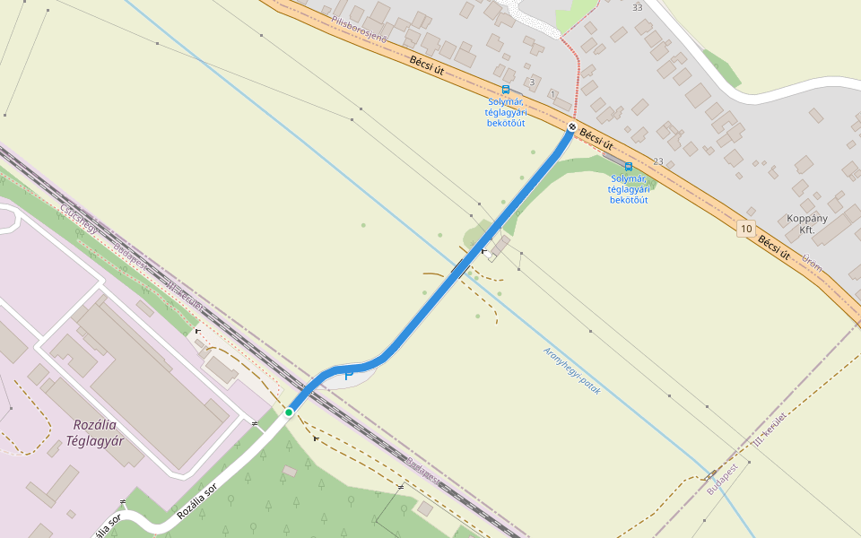 K+ (Rozália téglagyár – Aranyhegyi-patak, híd – Solymár, téglagyári bekötő út aut. m.) walking route map in Solymár