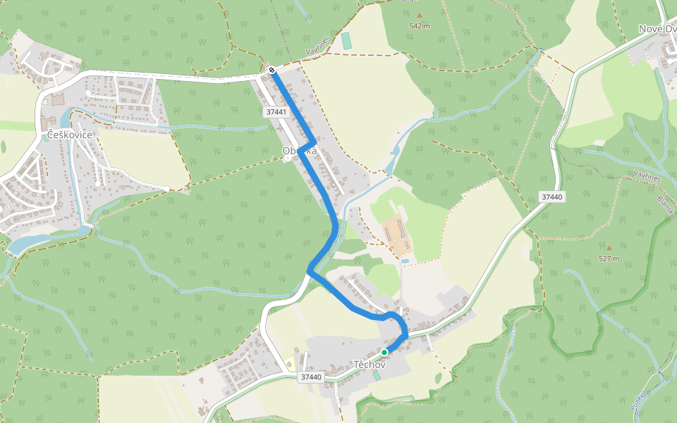 [Ž] Blansko-Těchov (bus) - Obůrka (bus) walking route map in Blansko