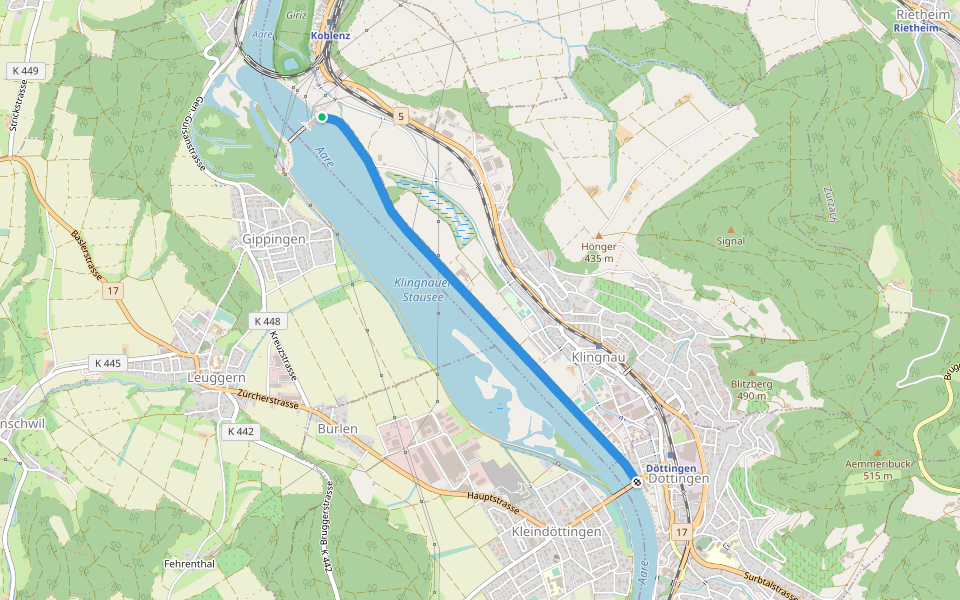 Kraftwerk Klingnau-Döttingen Brücke walking route map in Koblenz