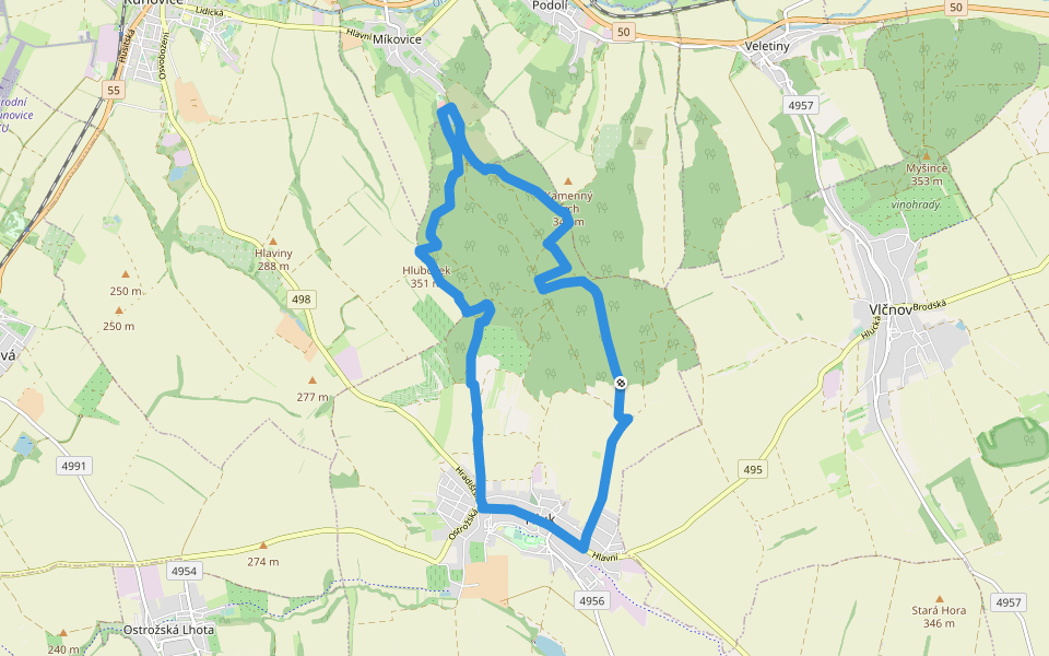 Hlubočský okruh walking route map in Hluk