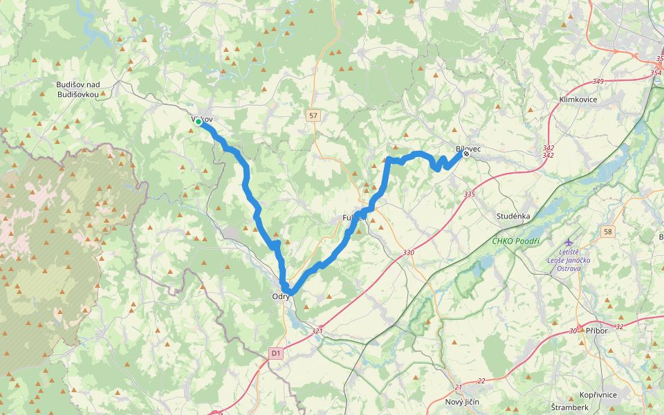 [Č] Vítkov (u žst.) - Bílovec (žst., bus) walking route map in Vítkov