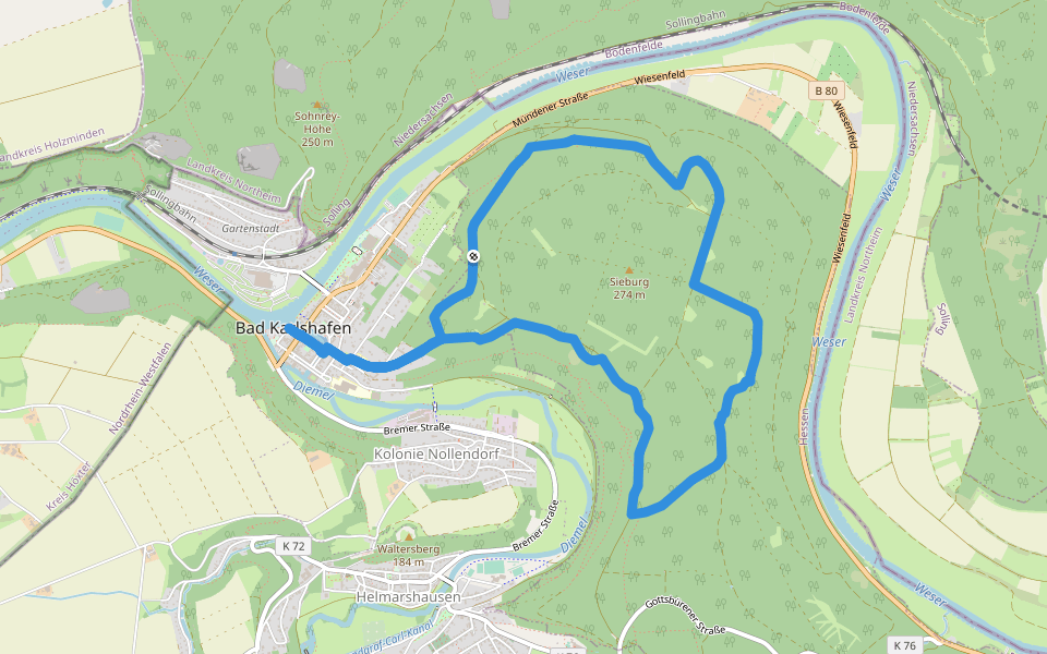 Weser-Diemel Höhenweg walking route map in Bad Karlshafen