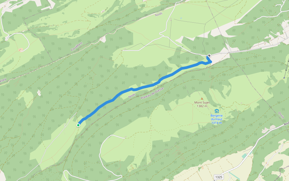 Prés Vaillons - métairie de Prêles walking route map in Nods