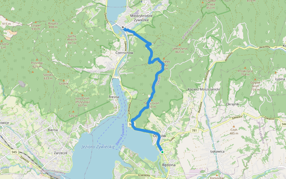 Międzybrodzie Żywieckie - Oczków walking route map in Żywiec