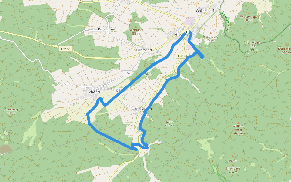 Gruendchentour (green) walking route map in Grebenau
