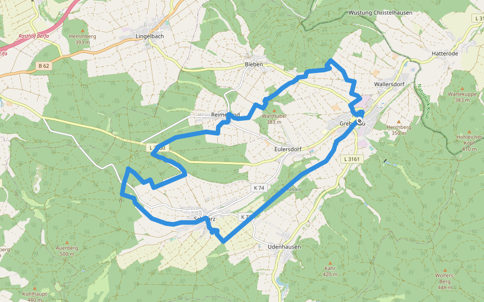 Gruendchentour (yellow) walking route map in Grebenau