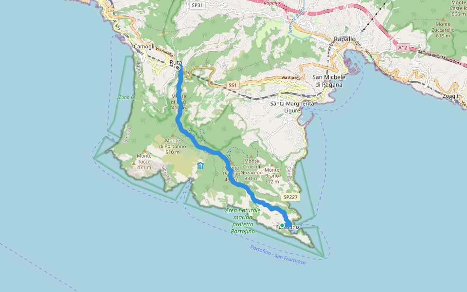 Ruta - Pietre Strette - Olmi - Portofino walking route map in Portofino
