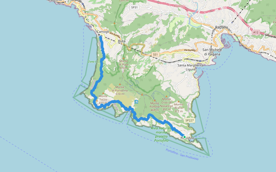 Camogli - San Rocco - Passo del Bacio - San Fruttuoso - Portofino mare walking route map in Portofino