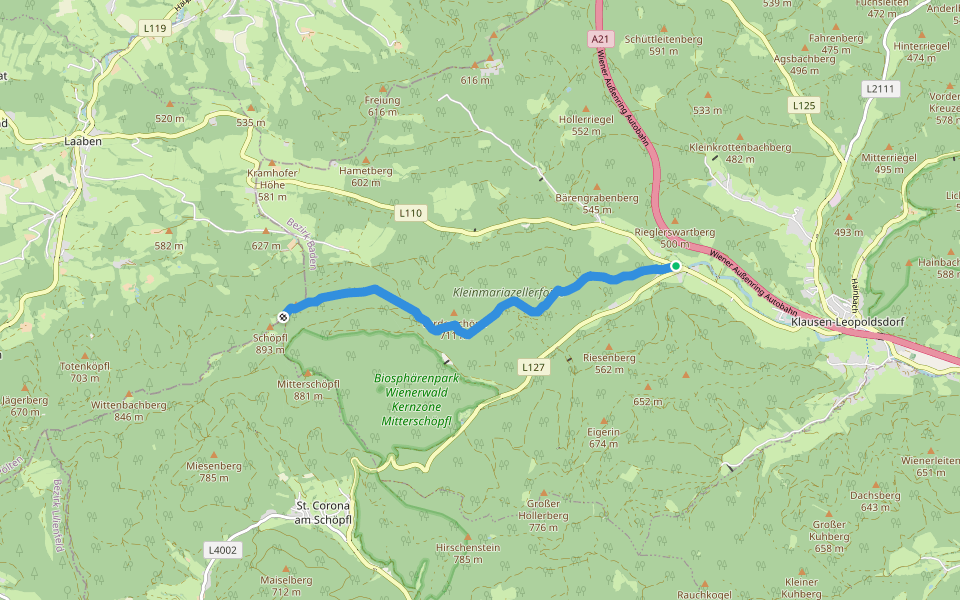 Schöpflgitter - Schöpflhütte (Matraswarte) walking route map in Klausen-Leopoldsdorf