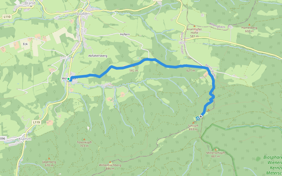 Wöllersdorf - Hochberg - Schöpflhütte (Matraswarte) walking route map in Forsthof