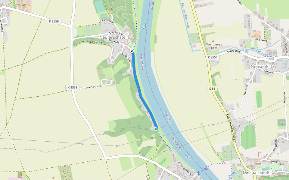 Roter Punkt nach Riesa walking route map in Hirschstein