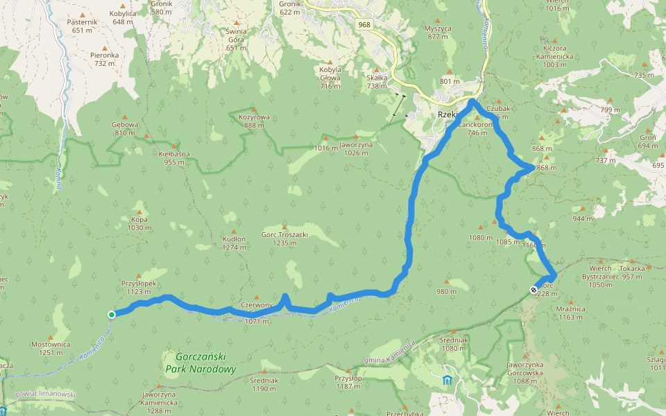 Przełęcz Borek - Rzeki - Hale Gorcowskie walking route map in Konina