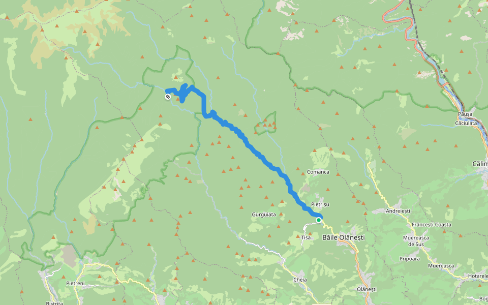 Băile Olănești – Valea Olănești – Cantonul Silvic Mânzu – Șaua Prislopel – Șaua La Lac - Curmătura Stogșoare – Cabana Cheia walking route map in Pietrișu