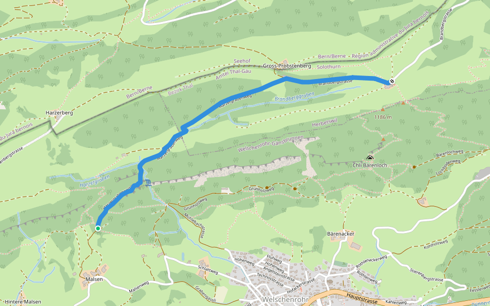 Hinter Brandberg - Harzerstrasse walking route map in Welschenrohr-Gänsbrunnen