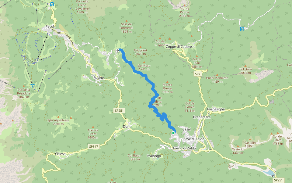 Sentiero C.A.I. 492 walking route map in Forno di Zoldo