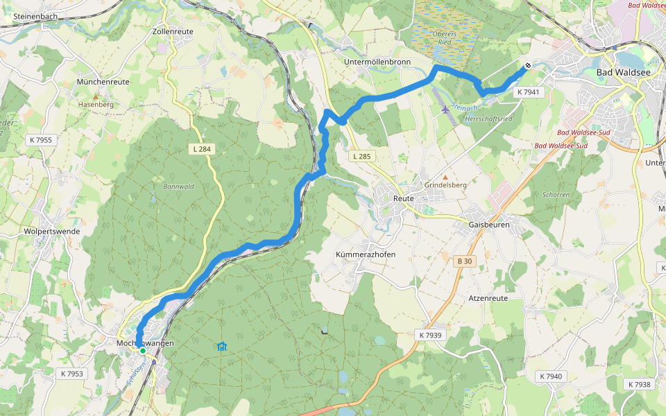 Nebenweg des Schwäbischen Albvereins (blauer Balken) walking route map in Wolpertswende