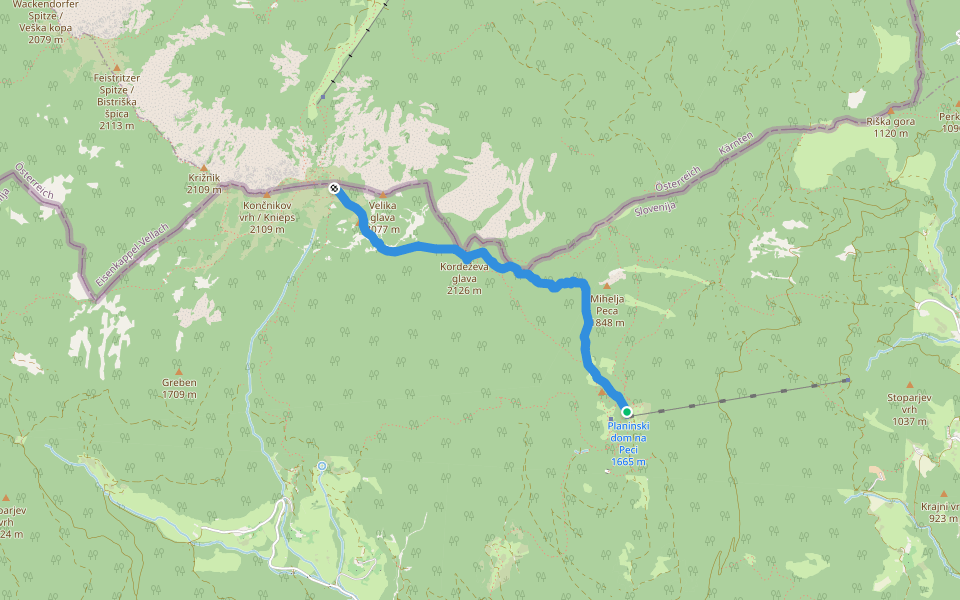Planinski dom na Peci-Knepsovo sedlo walking route map in Podpeca
