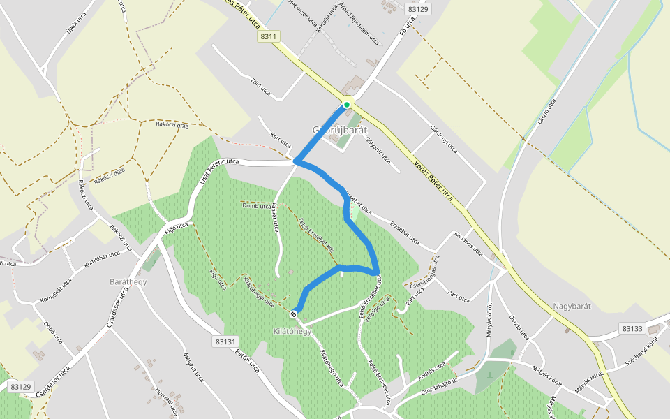 P▲ (Győrújbarát, kilátó) walking route map in Győrújbarát