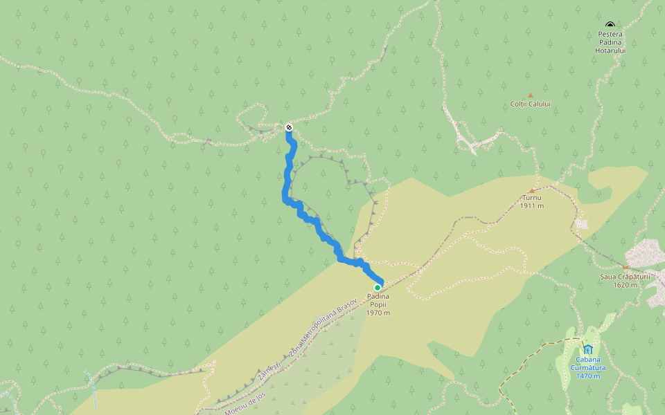 Refugiul Diana-Padina Popii-Vf. Padina Popii walking route map in Zărnești