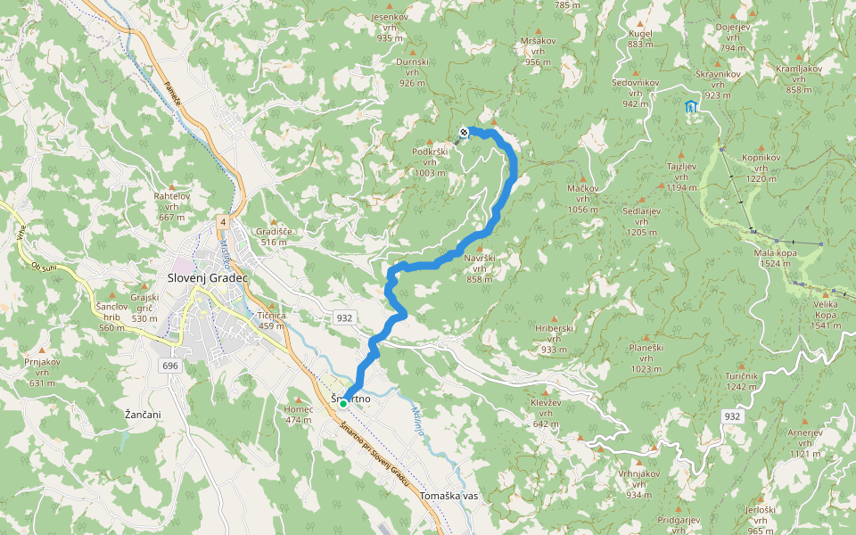 Šmartno - Koča pod Kremžarjevim vrhom walking route map in Šmartno pri Slovenj Gradcu