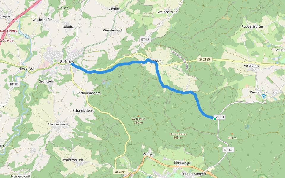 Verbindungsweg Gefrees-Egerquelle walking route map in Weißenstadter Forst-Süd