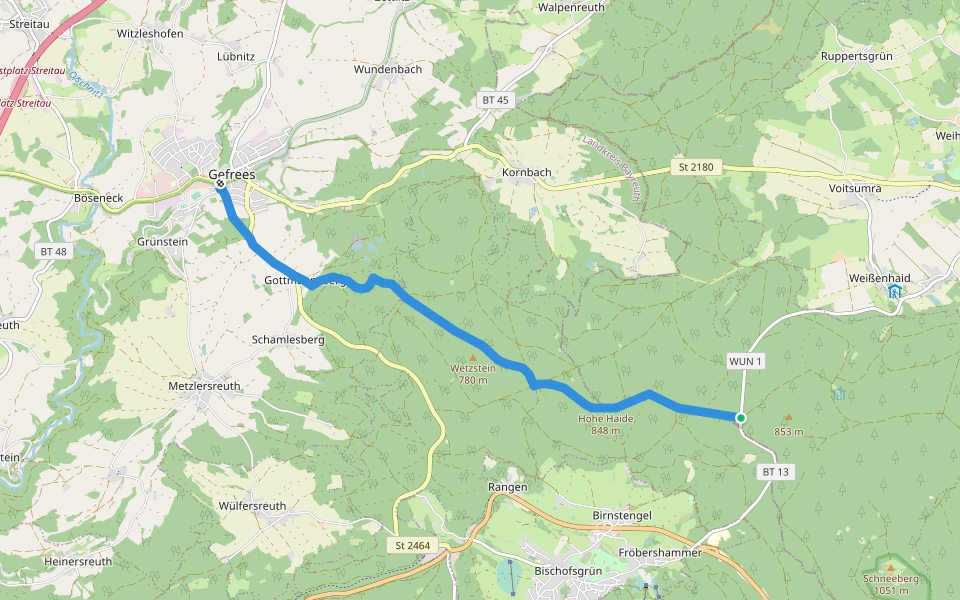 Verbindungsweg Gefrees-Haidsattel walking route map in Weißenstadter Forst-Süd