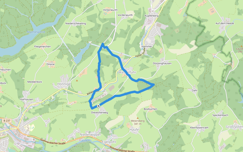 Rundwanderweg A2 rund um Wasserfuhr walking route map in Wipperfürth