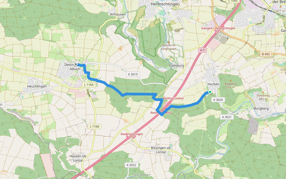 Rasthof Lonetal - Dettingen walking route map in Giengen an der Brenz