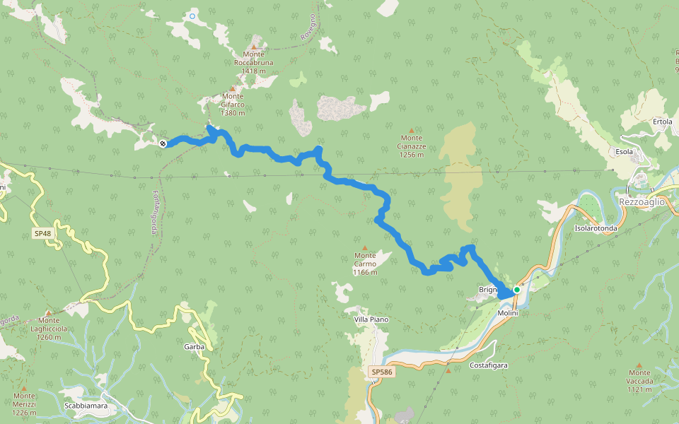 Brignole - Molini - Passo del Fante - Monte Castello Fante walking route map in Brignole