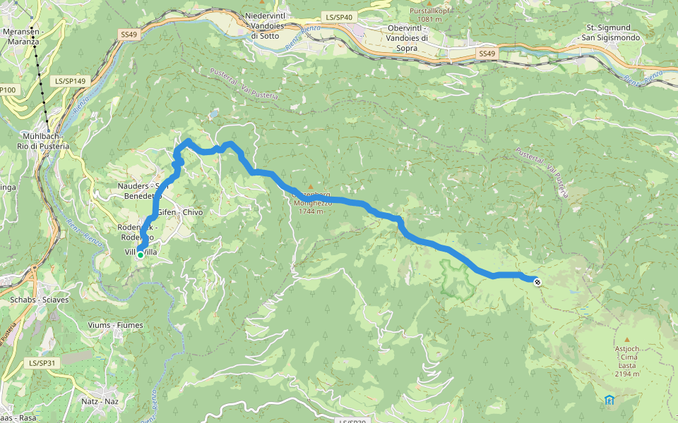 2 - Rodeneck => Starkenfeldhütte walking route map in Villa