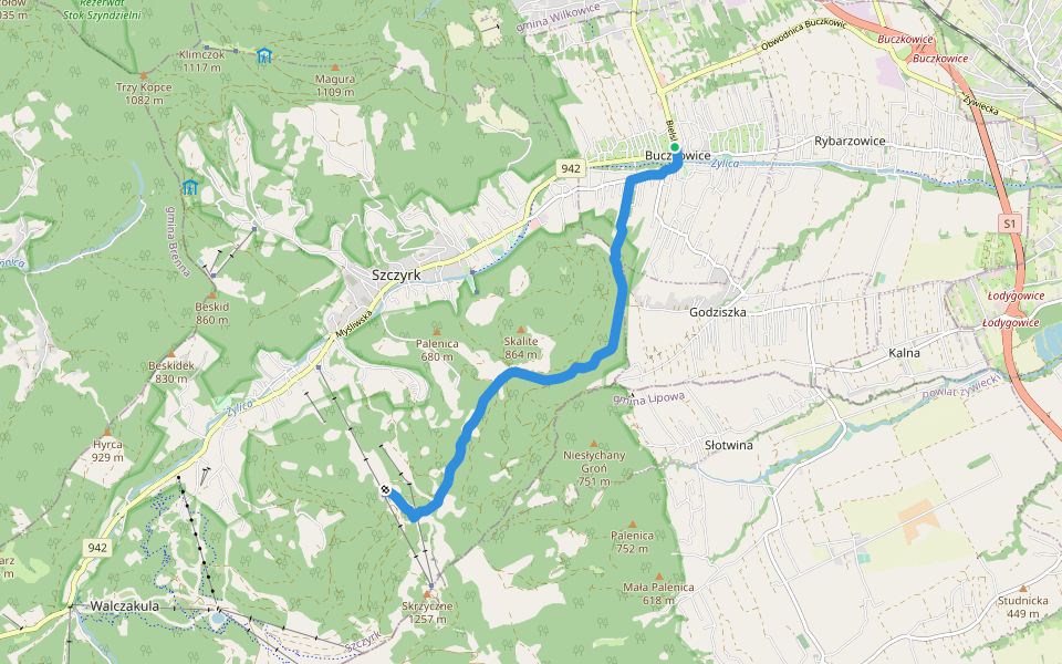 Buczkowice - Hala Jaworzyna walking route map in Buczkowice