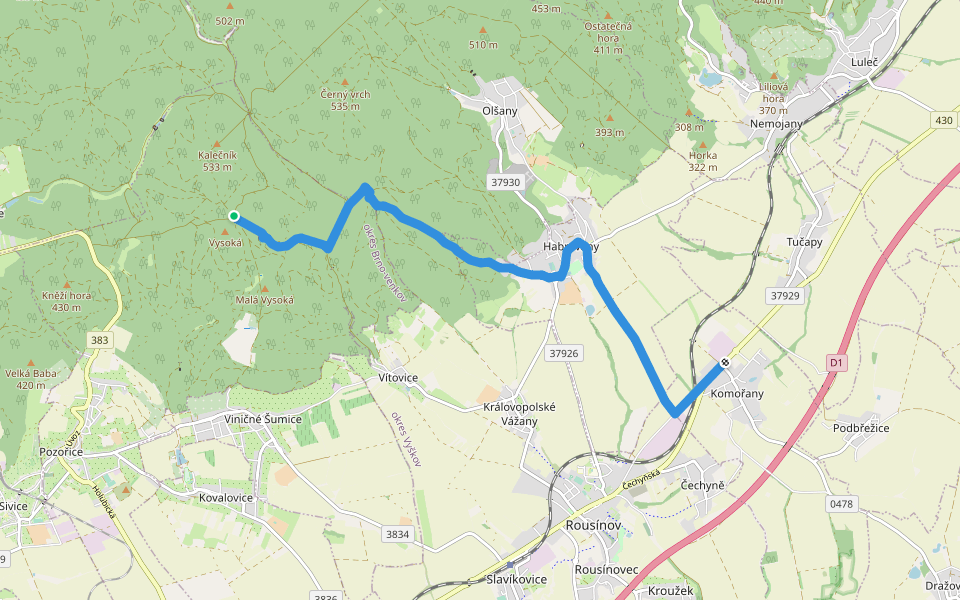 [Z] Komořany (bus) - Žalmanův kámen walking route map in Pozořice
