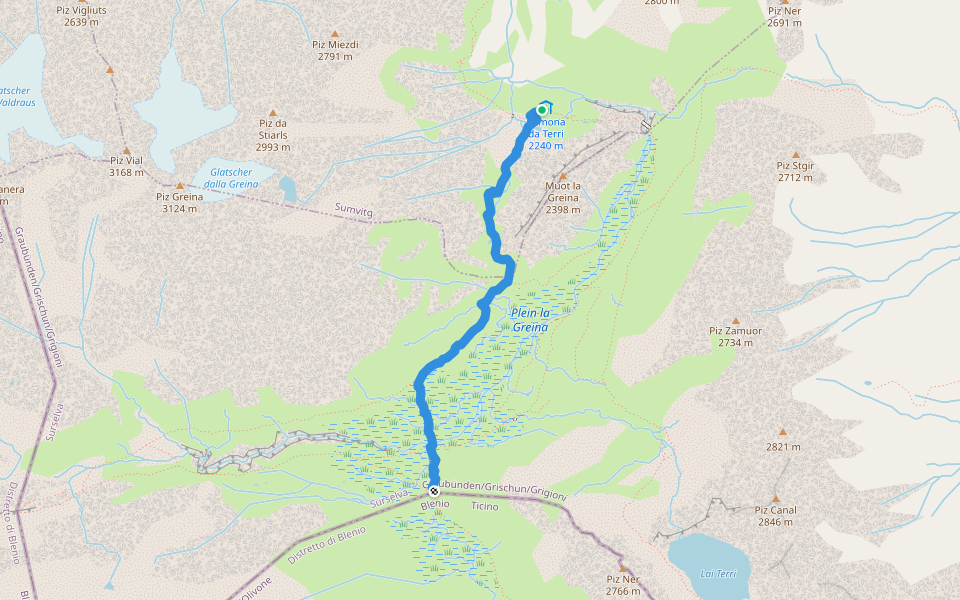 Camona dil Terri-Crap la Crusch walking route map in Surrein