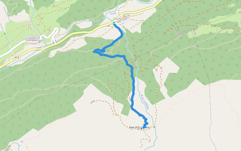 Ossasco-Alpe di Cristallina walking route map in Bedretto