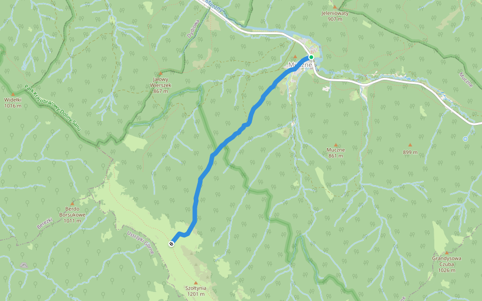 Muczne - Bukowe Berdo walking route map in Muczne