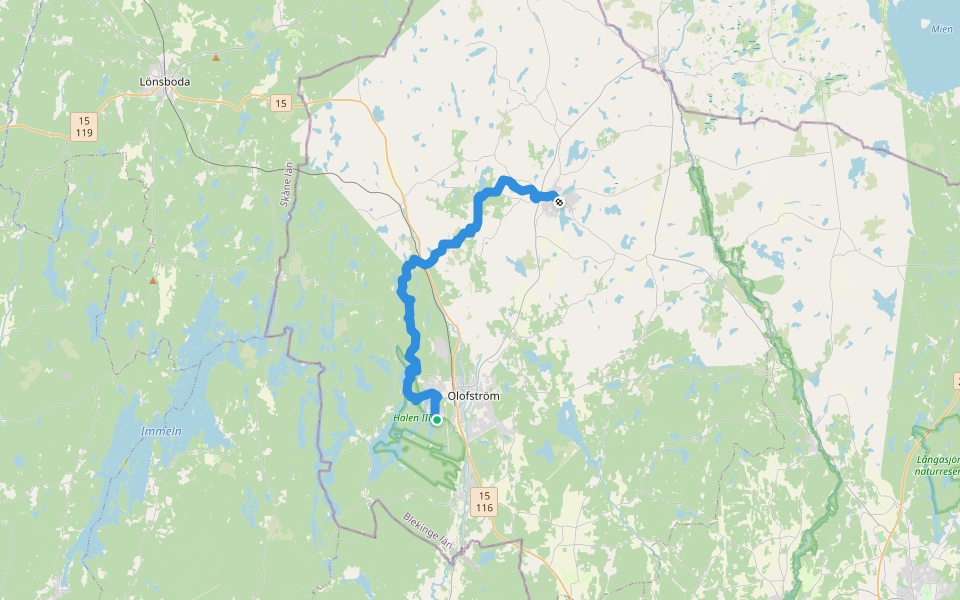 Blekingeleden Etapp 4: Halens camping–Tulseboda Brunnspark walking route map in Olofström