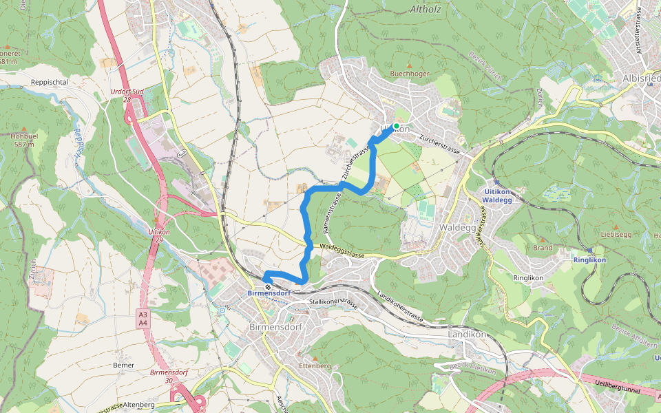 Uitikon - Birmensdorf Bahnhof walking route map in Uitikon