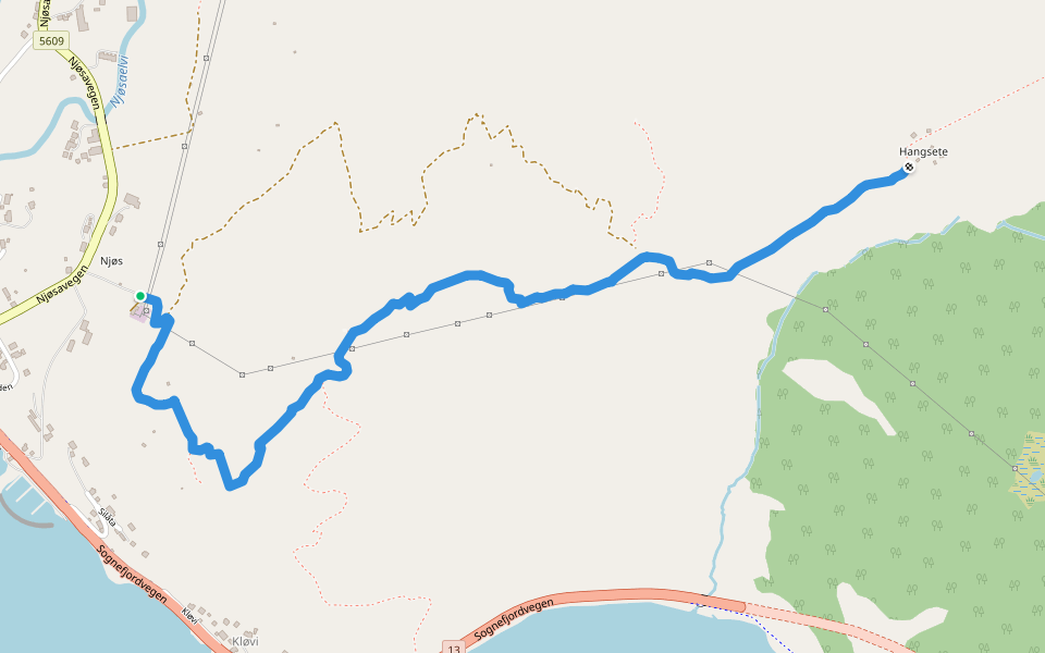 Njøs‒Bjørgahaug‒Hangsete walking route map in Hermansverk