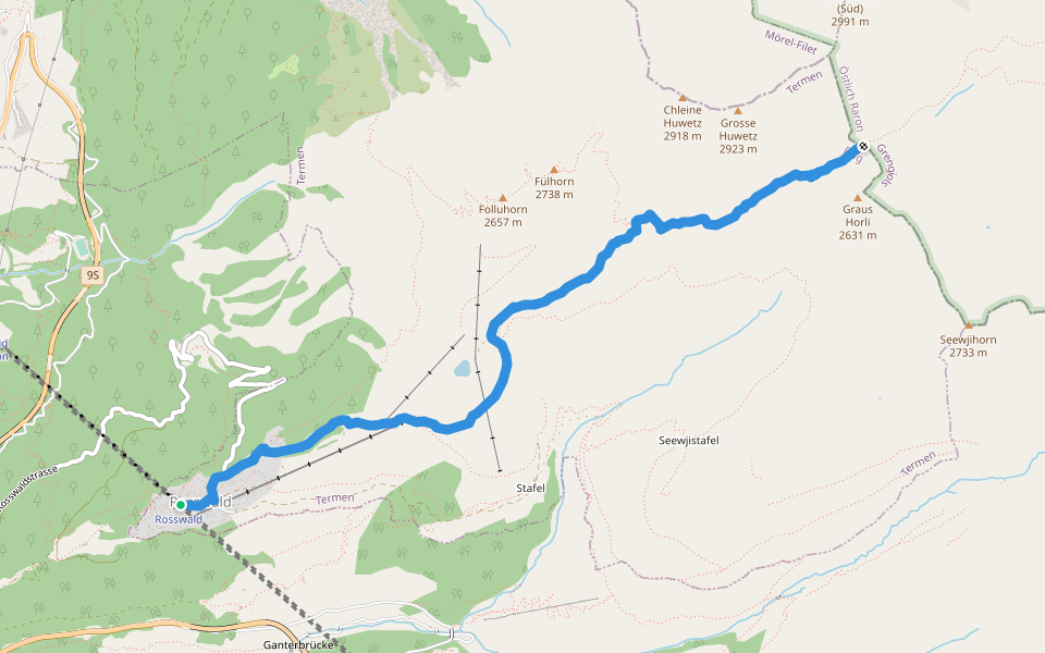 Rosswald-Saflischpass walking route map in Rosswald
