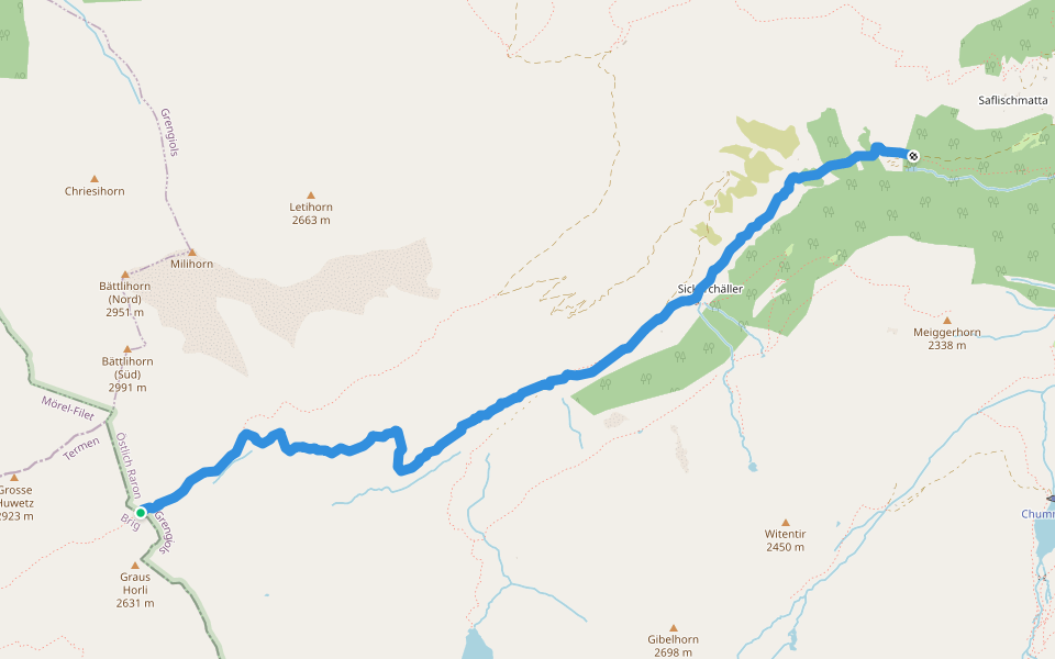 Saflischpass-Chelliwald walking route map in Grengiols