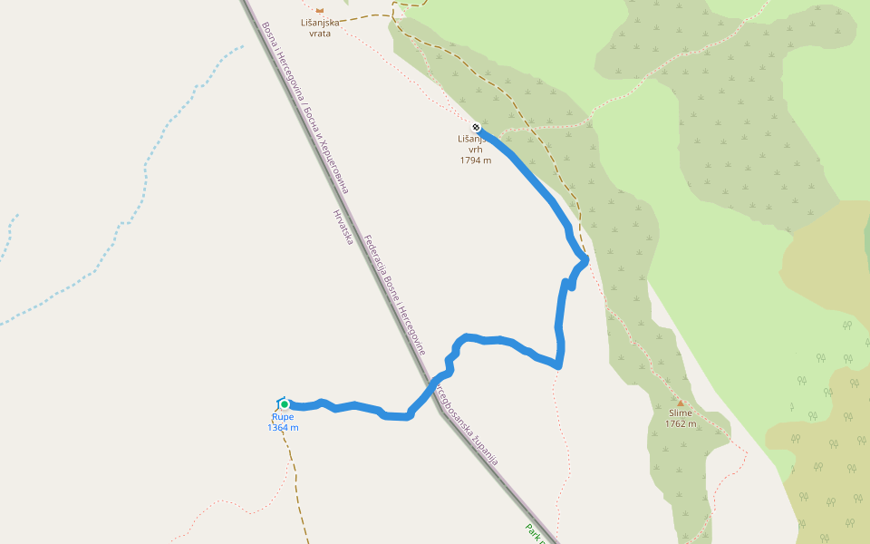 Rupe-Lišanjski vrh walking route map in Cetina