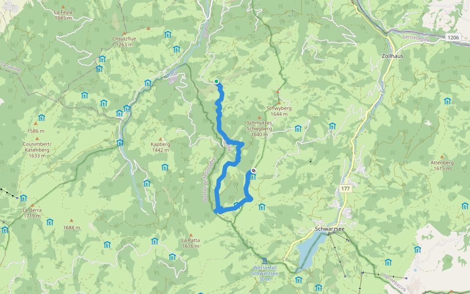 Falli-Hölli - Fuchses Schwyberg walking route map in Plasselb