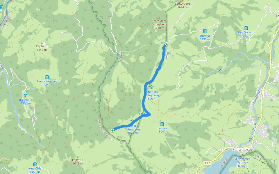 Fuchses Schwyberg - Hapferen Schwyberg walking route map in Plasselb