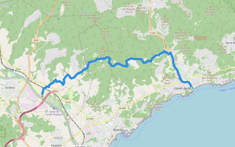GR 92.2 Sender de la Mediterrànea. Variant 2 Mediterrani walking route map in Lloret de Mar