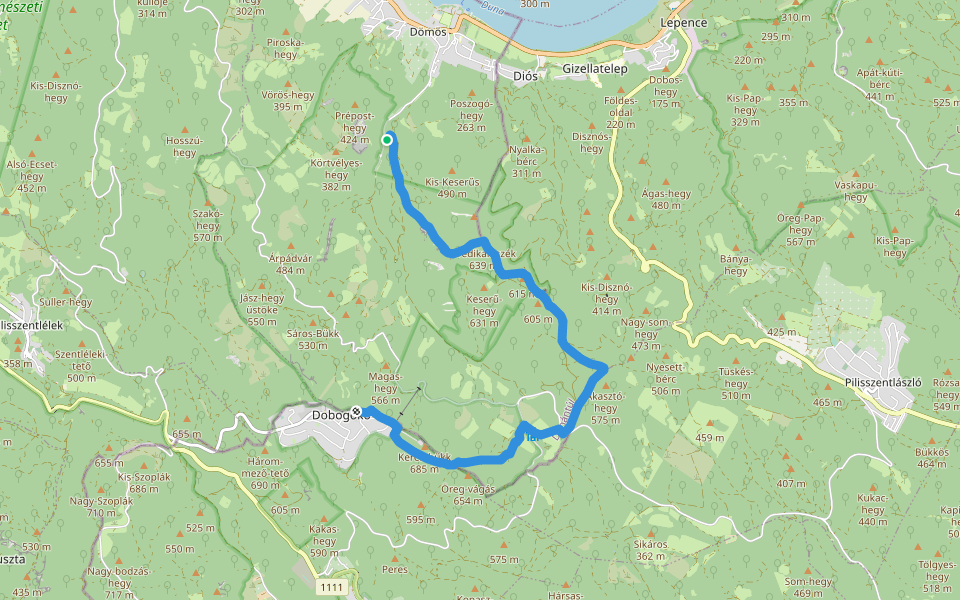 P▲ (Kaincz-forrás – Prédikálószék – Dobogókő, elágazás) walking route map in Dömös