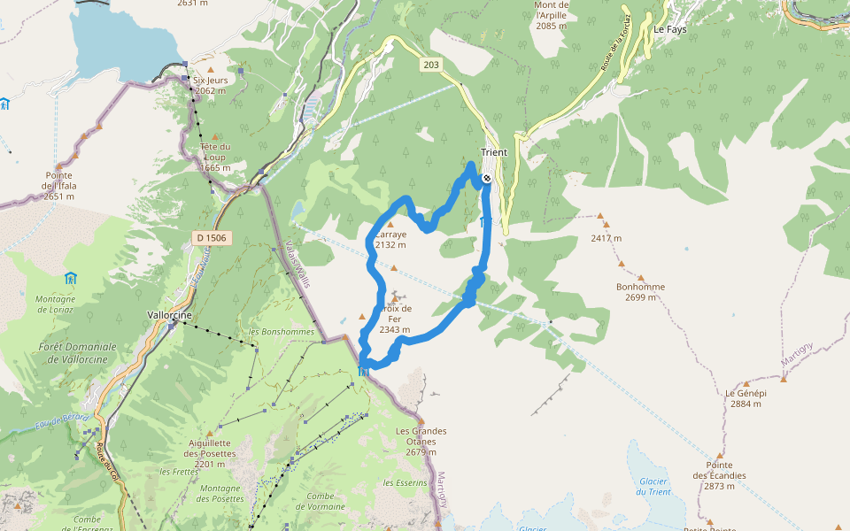 Sentier des Alpages walking route map in Trient