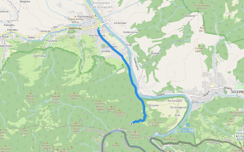 Krościenko nad Dunajcem - Przełęcz Sosnów walking route map in Krościenko nad Dunajcem